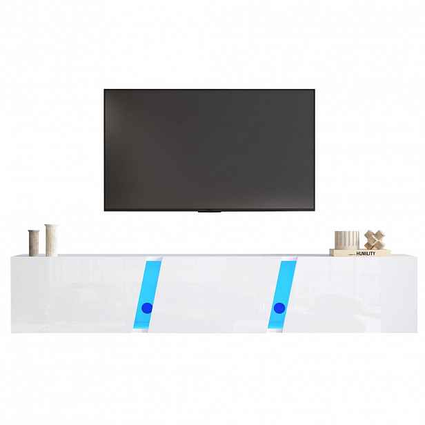 Modfu NÁSTĚNNÝ TV stolek z dřevotřísky a akrylu 180x35x30 cm bílý s LED osvětlením, 3 dvířky a lesklým povrchem