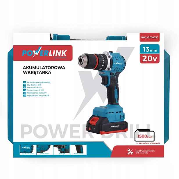 Akumulátorová aku vrtačka Powerlink, 20 V, 50/13 2 x akumulátor