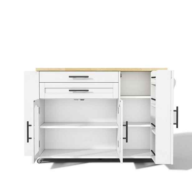 Redom KUCHYŇSKÝ ostrůvek 120/45(70)/90 cm s klopnou pracovní deskou, úložnými prvky a kolečky, Přírodní/Bílá