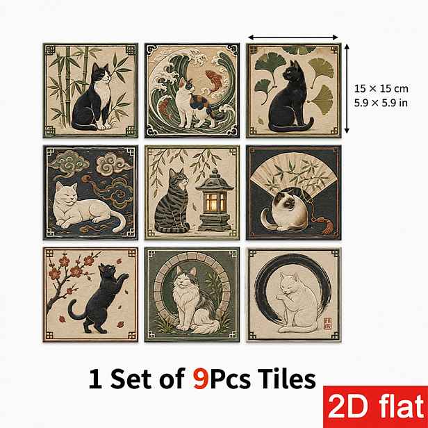 TEMU 2D ploché 9dílné samolepky na dlaždice 15X15 cm (5.9X5.9 palců) Slate Premium - Samolepicí obkladové dlaždice s elegantním kočky a květin pro