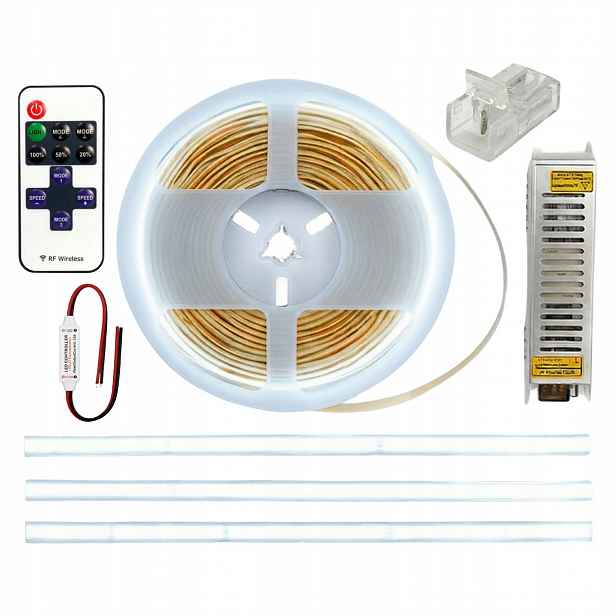 Led pásek Cob 5 m 24 V 6000 K Bílá Studená Silná barva Napájecí zdroj Dálkový Ovladač Sada
