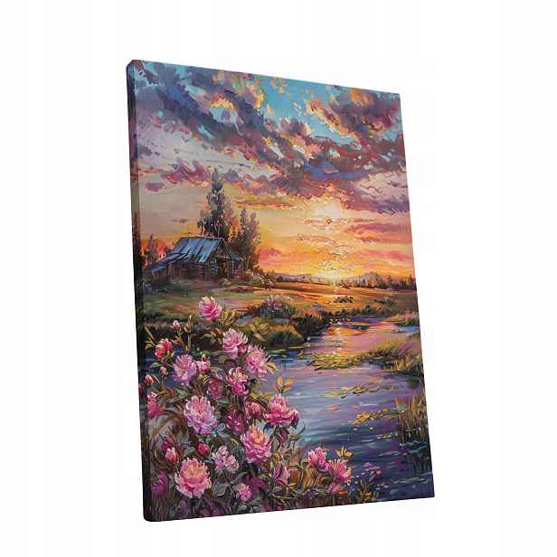 Obraz na plátně Západ Slunce, květiny, krajina – obraz do bytu, pokoje, obýváku 60x80 cm