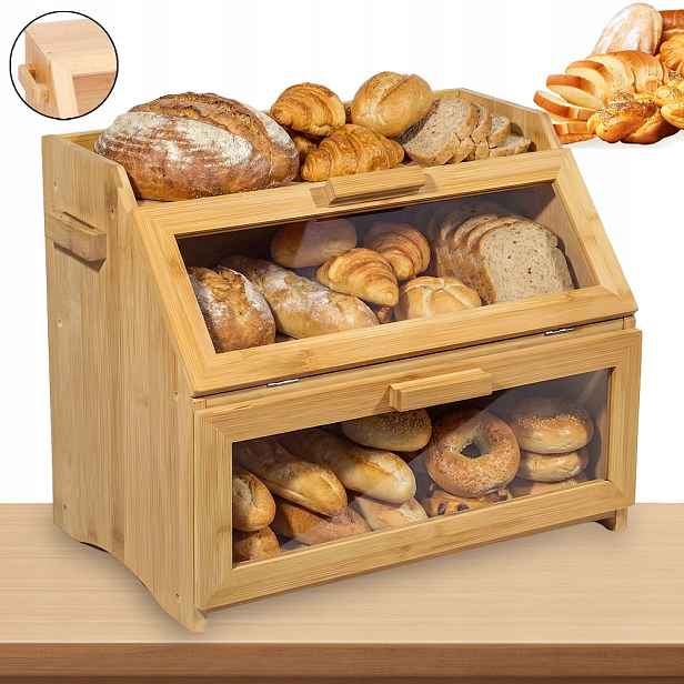 Chlebník Bambus 2 úrovně Nádoba na pečivo Chléb Buchty 39x32x25 cm Velký