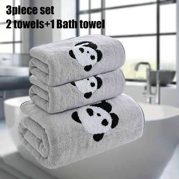 TEMU WF Vyšívaná Panda 2 Ručníky + 1 Koupelnový Ručník / Sada 3 ks 2 ručníky 35*75 + 1 koupelnový ručník 70*140 korálový sametový set měkký a savý