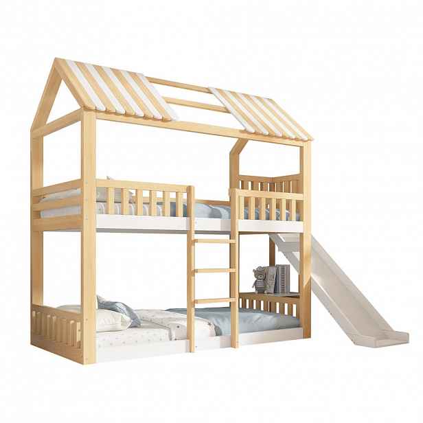 CHICFURN PATROVÁ POSTEL 90/200 cm & 90/200 cm v bílé a přírodní barvě se skluzavkou a policí