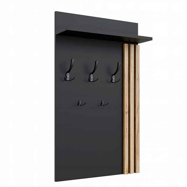 Nástěnný věšák Lamele 5 Držáky Police Loft 90x60 Dub Wotan Černá