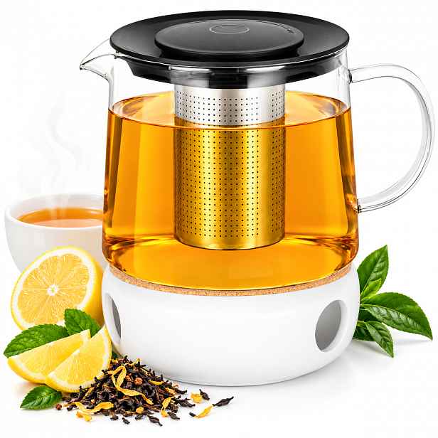 Konvice na čaj skleněná na bylinky ocelové sítko 1,5 l Ohřívač