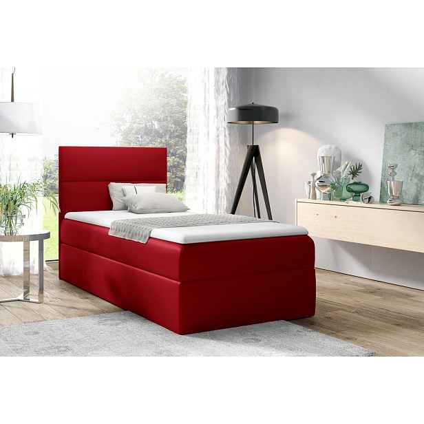 Čalouněná jednolůžková postel OLENA - 90x200, červená + topper ZDARMA