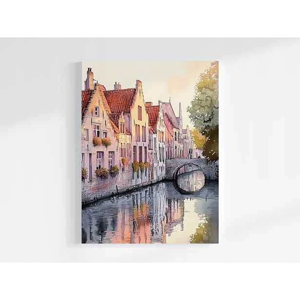 Plakát Belgie Bruggy Staré Město Kanál Most Svítání 75x100