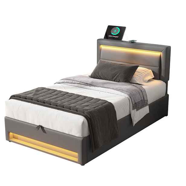 Redom ČALOUNĚNÁ postel 90/190 cm s LED osvětlením, USB nabíjením a úložným prostorem, Šedá