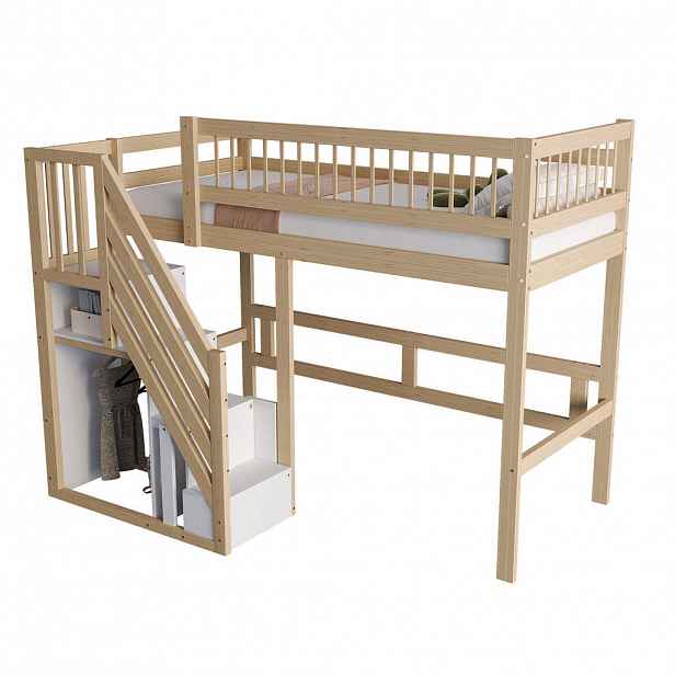 CHICFURN VYVÝŠENÁ POSTEL 90/200 cm v přírodní barvě se schodištěm s úložným prostorem