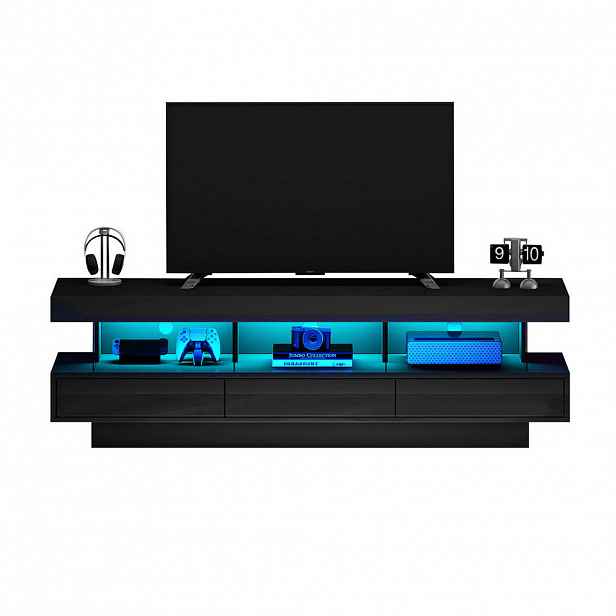 Modfu TV stolek z dřevotřísky 160x38x50,5 cm černý ve vysokém lesku s LED osvětlením, Bluetooth ovládáním a 3 skleněnými policemi