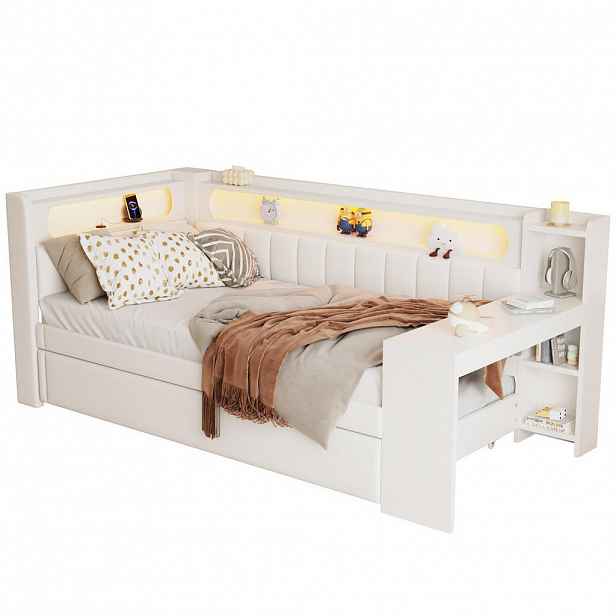 OKWISH POSTEL 90/200 cm bílá z MDF a překližky s čalouněním LED osvětlením USB a výsuvným lůžkem
