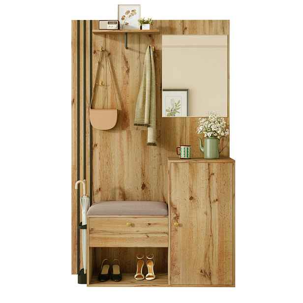 Modenvie PŘEDSÍŇOVÁ stěna z MDF, 115/185/37 cm, přírodní/černá se zrcadlem a sedákem