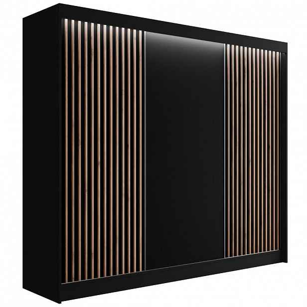 ALTDECOR ŠATNÍ SKŘÍŇ s LED, lamelové posuvné dveře VILANv2 – 250 cm černá + lamely dub wotan