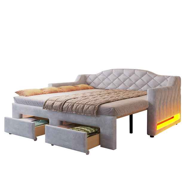 OKWISH DENNÍ postel 90/200–180/200 cm šedá z MDF a překližky s LED a 2 zásuvkami