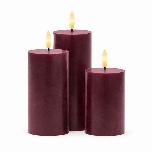 LED svíčky z pravého vosku dobíjecí Bordeaux, sada 3 ks, výška 10/12,5/15cm, ø 7,5 cm, vínová, bez stanice