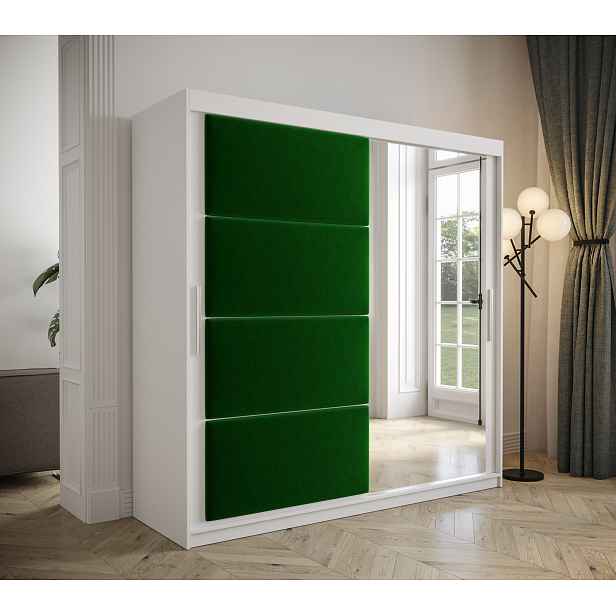 Šatní skřín Tempica 200cm se zrcadlem, bílá/zelený panel
