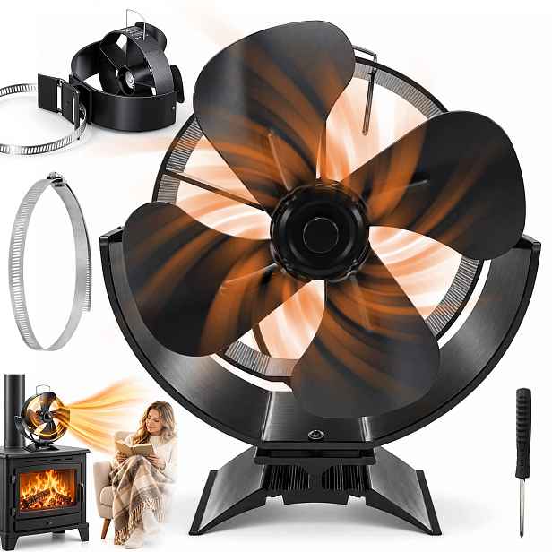 4lopatkový krbový ventilátor bez napájení, magnetický, černý, hlučnost <25 dB