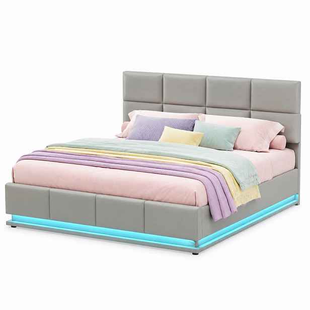 CHICFURN ČALOUNĚNÁ POSTEL 180/200 cm v cementově šedé barvě s úložným prostorem, LED osvětlením a umělou kůží