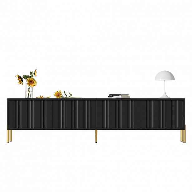 Modfu TV stolek z MDF a dřevotřísky 190x38x48 cm černý se 4 dvířky, tlumenými panty a zlatými nohami