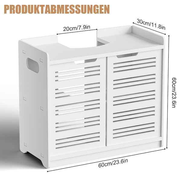TEMU Bílá volně stojící koupelnová skříňka pod umyvadlo 60X30X60 cm, úložná jednotka pod umyvadlo s 2 ventilovanými prkénkovými dvířky, výřez U pro