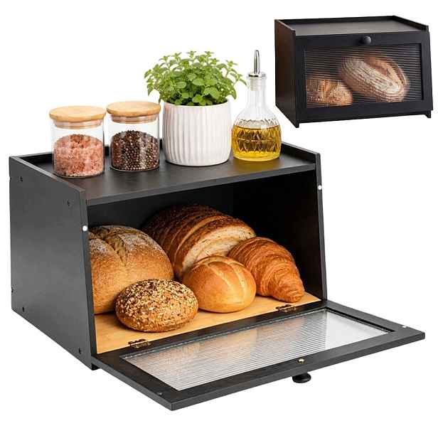 Bambusový chlebník černý s akrylovými dvířky, nádoba na pečivo 42 cm