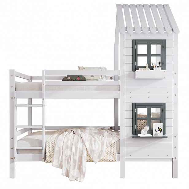 CHICFURN PATROVÁ POSTEL 90/200 cm v bílé a šedé barvě s okny a úložným boxem