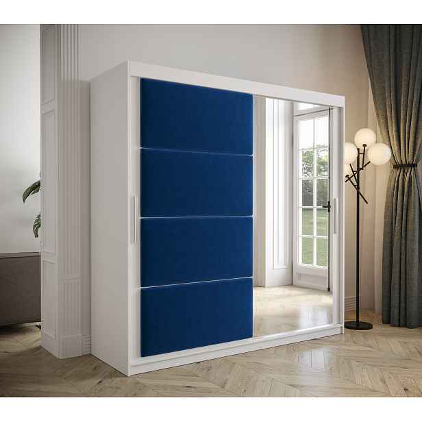 Šatní skřín Tempica 200cm se zrcadlem, bílá/modrý panel