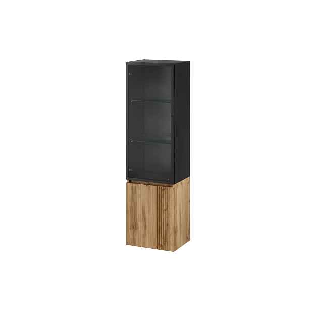 Szynaka Závěsná vysoká koupelnová skříňka Loris 70 40 cm dub Wotan/černá