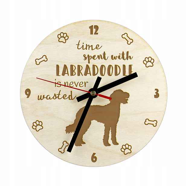 Labradoodle gravírované hodiny se psem, průměr 30 cm, jméno psa