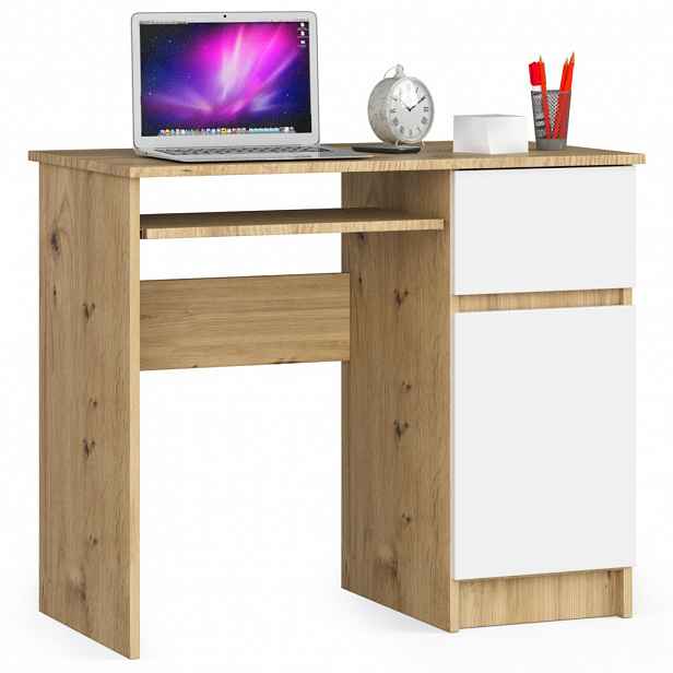 PC stůl KALRION - dub artisan / bílý, pravé provedení