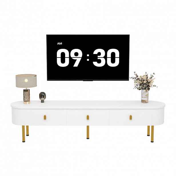 Modfu TV stolek z MDF 174x35x41 cm bílá se 3 zásuvkami, zlatými úchytkami a nohami, zaoblené hrany