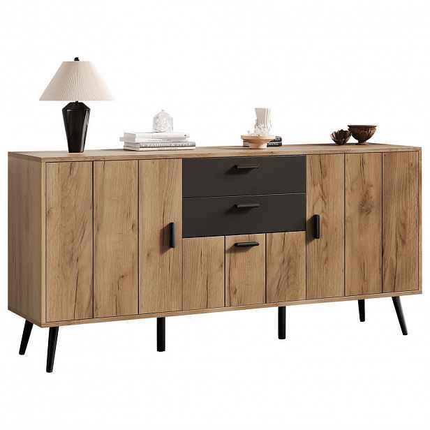 STILVORA KUCHYŇSKÁ SKŘÍŇ v černé a přírodní barvě se 2 zásuvkami a 3 dvířky do obývacího pokoje, 140×35×67 cm