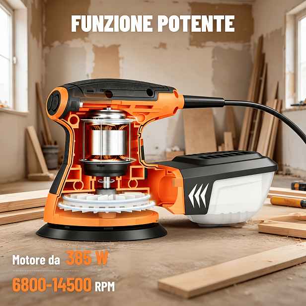 TEMU 5palcová excentrická bruska, 6 proměnných rychlostí 6800-14500 ot./min, 3A motor z čisté mědi, ergonomický nízkými vibracemi, včetně 10 kusů
