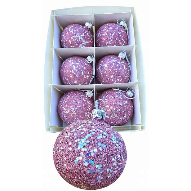 Vánoční Koule, růžová, třpytící se hologram, 10 cm, 6 kusů