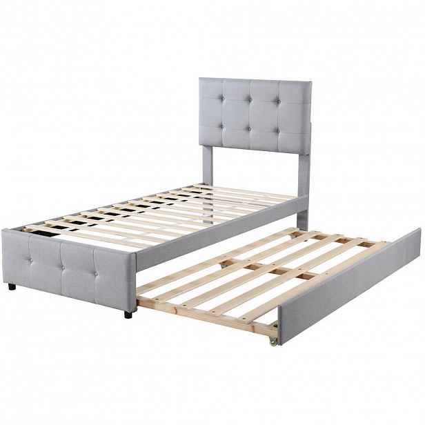 OKWISH ČALOUNĚNÁ postel 90/200 cm šedá z lněné tkaniny s výsuvným lůžkem a nastavitelným čelem