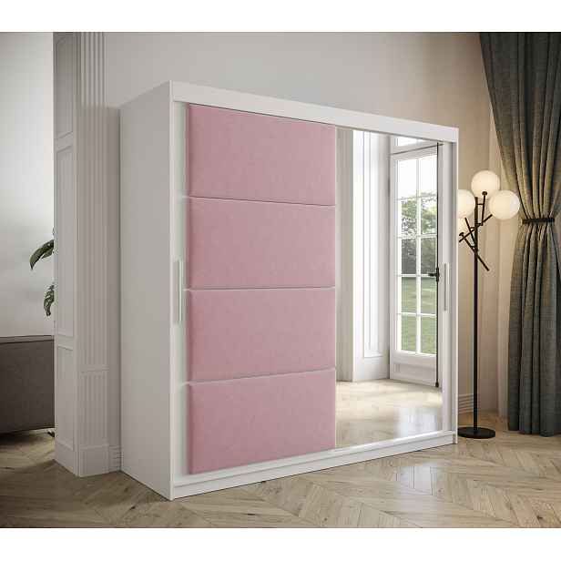 Šatní skřín Tempica 200cm se zrcadlem, bílá/růžový panel