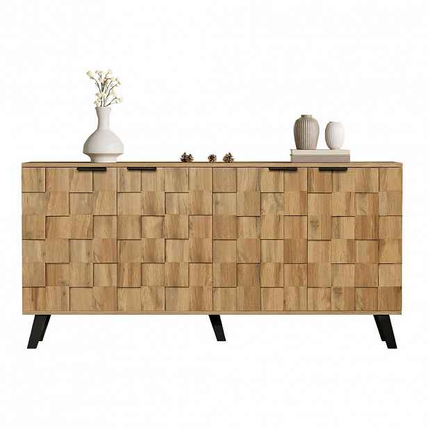 Modfu SIDEBOARD z dřevotřísky 160,5x35,5x78 cm dekor dřeva se 4 dvířky a nastavitelnými policemi