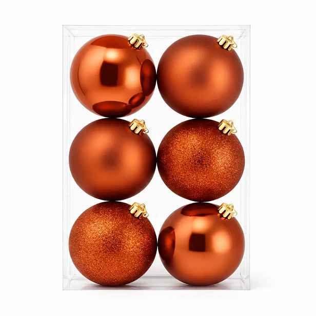 Sada vánočních ozdob měděná 10 cm, 2× lesk, 2× mat, 2× glitter, balení 6 ks