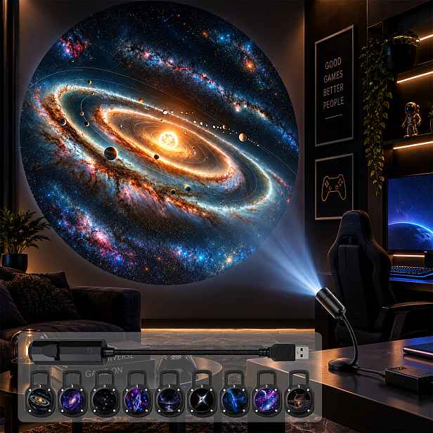 TEMU Projektor Noční Světlo, USB Napájená 360° Rotující HD Hvězdná Projekční Lampa, LED Noční Lampa s Vyměnitelnými Filmy, , Hvězda, Planetární