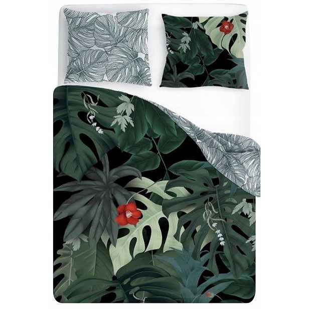 Elegantní Černé Povlečení Monstera Listy Červený Květ Džungle Noc 160x200