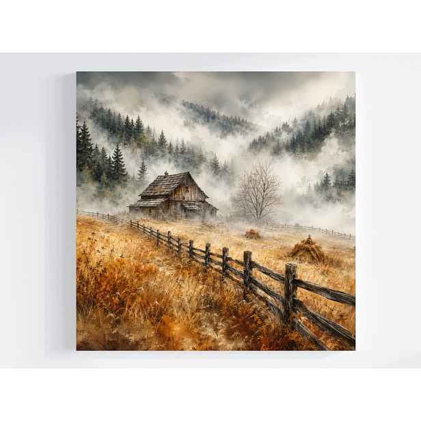 Obraz Na Plátně Canvas Hory Les Stromy Mlha Louka Chata Pole Podzim 50x50
