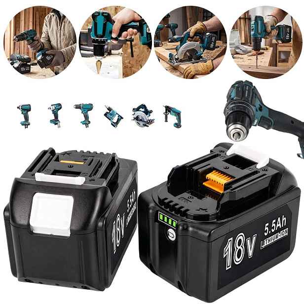 Baterie 18 V 5500 mAh, lithium-iontová, s Led, 2 kusy, černá