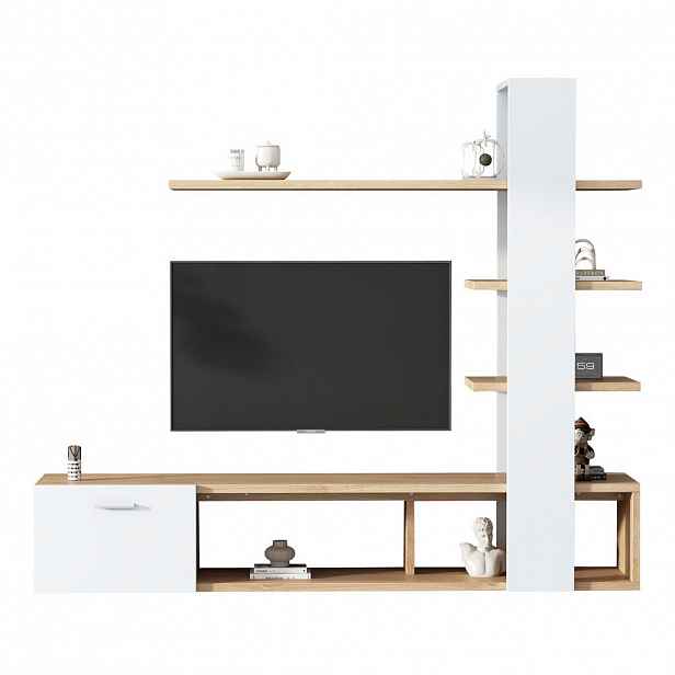 Modfu TV stěna z dřevotřísky 180x33,5x151,5 cm bílá/dekor dřeva pro TV do 60", s úložným prostorem a hydraulickými dvířky