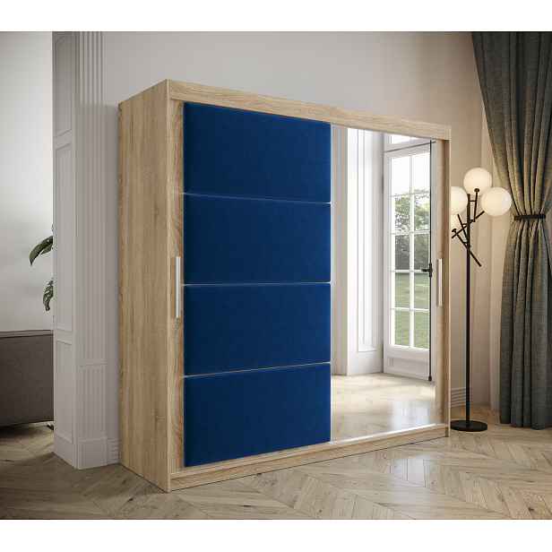 Šatní skřín Tempica 200cm se zrcadlem, sonoma/modrý panel