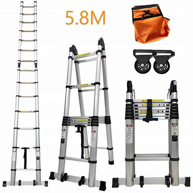 Teleskopické hliníkové skládací kloubové schůdky 5,8 m s kolečky, nosnost 150 kg