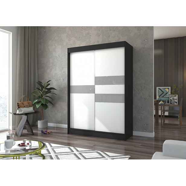 Šatní skříň s posuvnými dveřmi 150 cm ELANA - černá / bílá / šedá