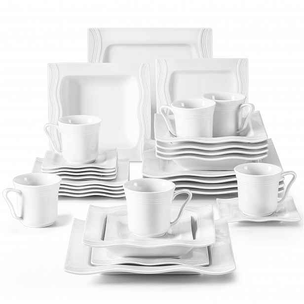 TEMU 30 kusů nádobí pro 6 osob, bílá porcelánová keramika v klasickém se 6 šálky na kávu, 6 podšálků, 6 dezertních talířů, 6 hlubokých talířů, 6
