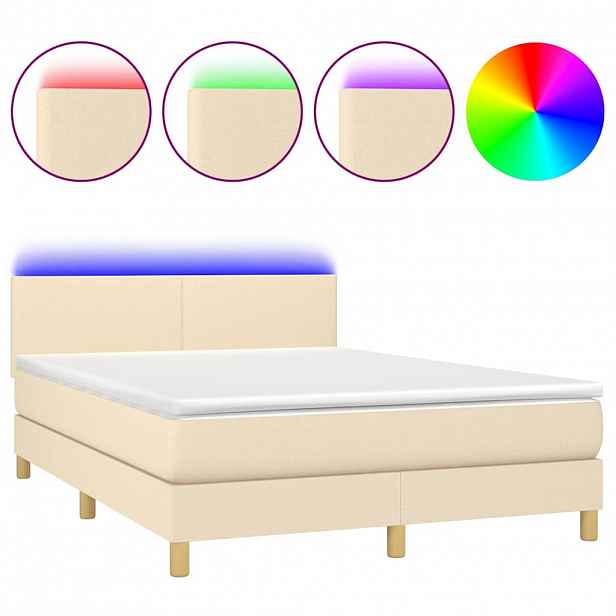 vidaXL Box spring postel s matrací a LED krémová 140x190 cm textil